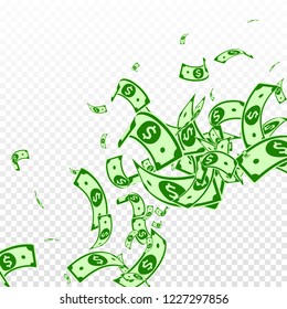 American dollar notes falling. Messy USD bills on transparent background. USA money. Comely vector illustration. Wonderful jackpot, wealth or success concept.