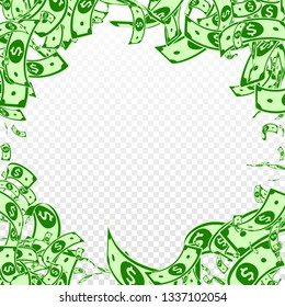American dollar notes falling. Messy USD bills on transparent background. USA money. Comely vector illustration. Indelible jackpot, wealth or success concept.