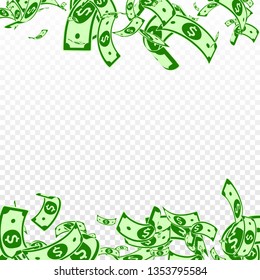American dollar notes falling. Messy USD bills on transparent background. USA money. Comely vector illustration.  jackpot, wealth or success concept.