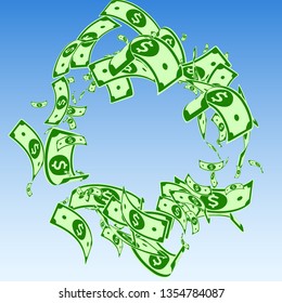 American dollar notes falling. Messy USD bills on blue sky background. USA money. Cool vector illustration. Fascinating jackpot, wealth or success concept.