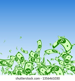 American dollar notes falling. Messy USD bills on blue sky background. USA money. Cool vector illustration. Magnetic jackpot, wealth or success concept.