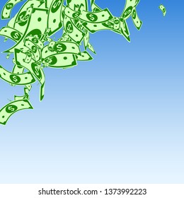 American dollar notes falling. Messy USD bills on blue sky background. USA money. Creative vector illustration. Trending jackpot, wealth or success concept.