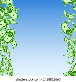 American dollar notes falling. Messy USD bills on blue sky background. USA money. Comely vector illustration. Pretty jackpot, wealth or success concept.