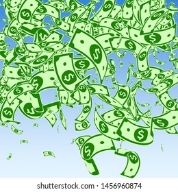 American dollar notes falling. Messy USD bills on blue sky background. USA money. Creative vector illustration. Optimal jackpot, wealth or success concept.