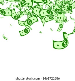 American dollar notes falling. Messy USD bills on white background. USA money. Cool vector illustration. Unique jackpot, wealth or success concept.