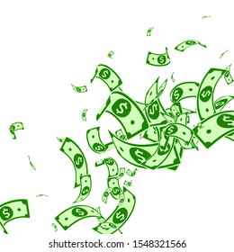 American dollar notes falling. Messy USD bills on white background. USA money. Comely vector illustration. Wondrous jackpot, wealth or success concept.