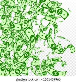 American dollar notes falling. Messy USD bills on transparent background. USA money. Comely vector illustration. Nice jackpot, wealth or success concept.