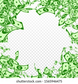 American dollar notes falling. Messy USD bills on transparent background. USA money. Cool vector illustration. Eminent jackpot, wealth or success concept.