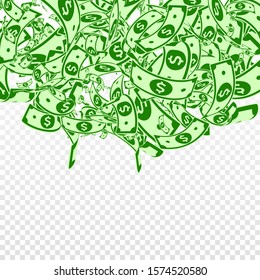 American dollar notes falling. Messy USD bills on transparent background. USA money. Curious vector illustration. Bewitching jackpot, wealth or success concept.
