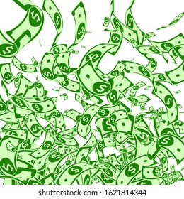 American dollar notes falling. Messy USD bills on white background. USA money. Comely vector illustration. Beautiful jackpot, wealth or success concept.