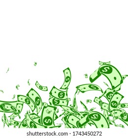 American dollar notes falling. Messy USD bills on white background. USA money. Cool vector illustration. Majestic jackpot, wealth or success concept.