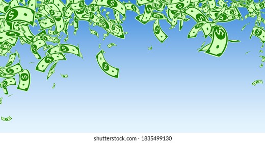 American dollar notes falling. Messy USD bills on blue sky background. USA money. Curious vector illustration. Exceptional jackpot, wealth or success concept.