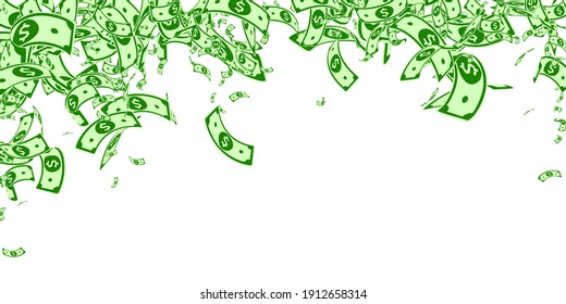 American dollar notes falling. Messy USD bills on white background. USA money. Curious vector illustration. Exquisite jackpot, wealth or success concept.