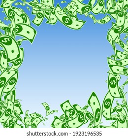 American dollar notes falling. Messy USD bills on blue sky background. USA money. Comely vector illustration. Favorable jackpot, wealth or success concept.
