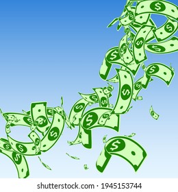 El dólar estadounidense está cayendo. Los desordenados billetes de dólares en el fondo azul del cielo. Dinero estadounidense. Ilustración vectorial con clase. Tentador botín, riqueza o concepto de éxito.
