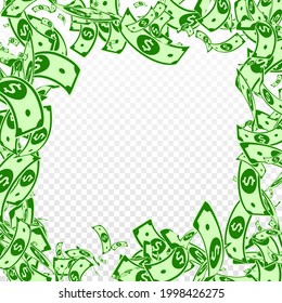 American dollar notes falling. Messy USD bills on transparent background. USA money. Comely vector illustration. Fetching jackpot, wealth or success concept.