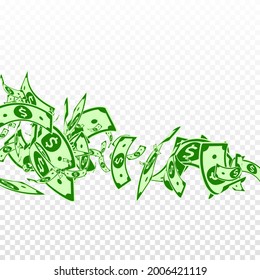 American dollar notes falling. Messy USD bills on transparent background. USA money. Creative vector illustration. Magnetic jackpot, wealth or success concept.