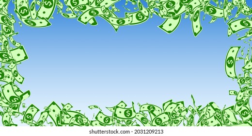 El dólar estadounidense está cayendo. Los desordenados billetes de dólares en el fondo azul del cielo. Dinero estadounidense. Ilustración vectorial curiosa. Conjetura simétrica, riqueza o concepto de éxito.