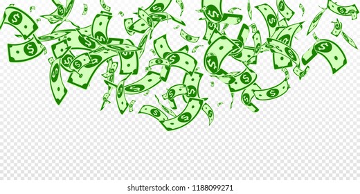 El dólar estadounidense está cayendo. Billetes USD al azar en fondo transparente. Dinero estadounidense. Ilustración vectorial corta. Encantador botín, riqueza o concepto de éxito.