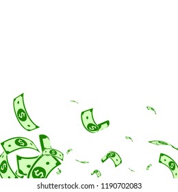 American dollar notes falling. Random USD bills on white background. USA money. Cool vector illustration. Mesmeric jackpot, wealth or success concept.