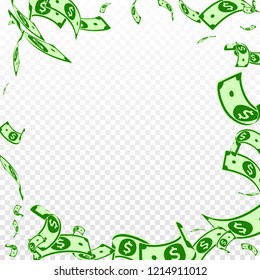 American dollar notes falling. Random USD bills on transparent background. USA money. Comely vector illustration. Likable jackpot, wealth or success concept.