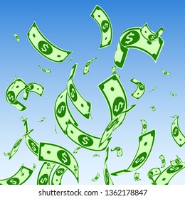 American dollar notes falling. Random USD bills on blue sky background. USA money. Comely vector illustration. Bewitching jackpot, wealth or success concept.