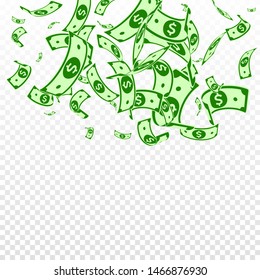 American dollar notes falling. Random USD bills on transparent background. USA money. Curious vector illustration. Breathtaking jackpot, wealth or success concept.