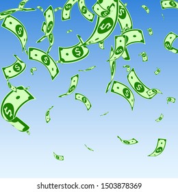 American dollar notes falling. Random USD bills on blue sky background. USA money. Creative vector illustration. Overwhelming jackpot, wealth or success concept.