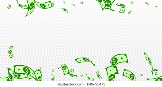 El dólar estadounidense está cayendo. Billetes USD al azar en fondo transparente. Dinero estadounidense. Ilustración vectorial curiosa. Un concepto de éxito, riqueza o éxito.