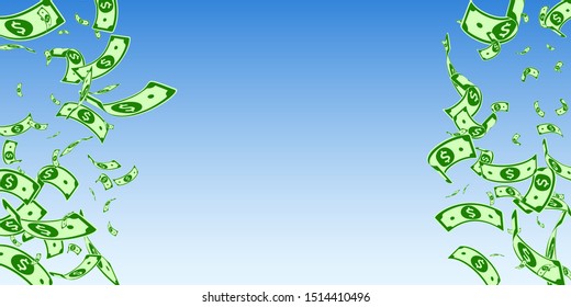 American dollar notes falling. Random USD bills on blue sky background. USA money. Curious vector illustration. Magnificent jackpot, wealth or success concept.
