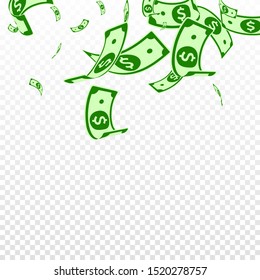 American dollar notes falling. Random USD bills on transparent background. USA money. Cool vector illustration. Valuable jackpot, wealth or success concept.