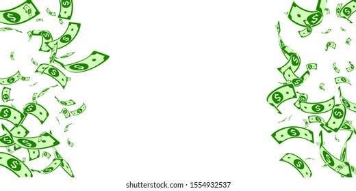 American dollar notes falling. Random USD bills on white background. USA money. Curious vector illustration. Marvelous jackpot, wealth or success concept.