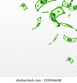 American dollar notes falling. Random USD bills on transparent background. USA money. Creative vector illustration. Great jackpot, wealth or success concept.