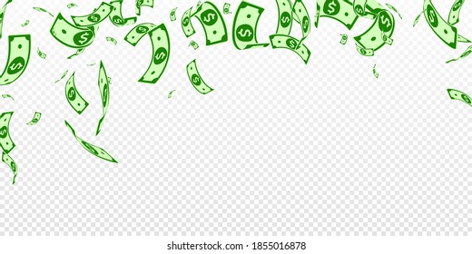 American dollar notes falling. Random USD bills on transparent background. USA money. Curious vector illustration. Extraordinary jackpot, wealth or success concept.