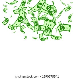 American dollar notes falling. Random USD bills on white background. USA money. Curious vector illustration. Brilliant jackpot, wealth or success concept.