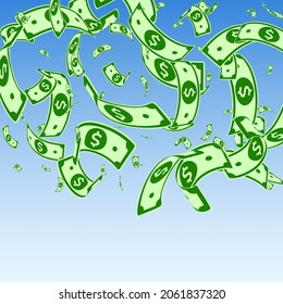 American dollar notes falling. Random USD bills on blue sky background. USA money. Creative vector illustration. Resplendent jackpot, wealth or success concept.