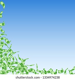 American dollar notes falling. Small USD bills on blue sky background. USA money. Classy vector illustration. Great jackpot, wealth or success concept.