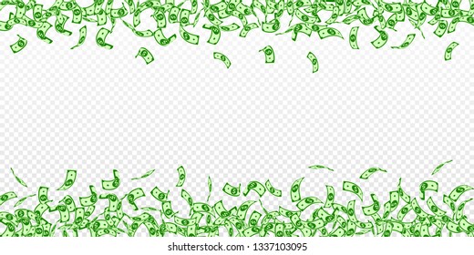 American dollar notes falling. Small USD bills on transparent background. USA money. Curious vector illustration. Shapely jackpot, wealth or success concept.