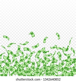 American dollar notes falling. Small USD bills on transparent background. USA money. Cool vector illustration. Modern jackpot, wealth or success concept.