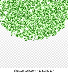 American dollar notes falling. Small USD bills on transparent background. USA money. Curious vector illustration. Charming jackpot, wealth or success concept.