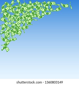 American dollar notes falling. Small USD bills on blue sky background. USA money. Creative vector illustration. Unique jackpot, wealth or success concept.