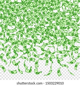 American dollar notes falling. Small USD bills on transparent background. USA money. Creative vector illustration. Popular jackpot, wealth or success concept.