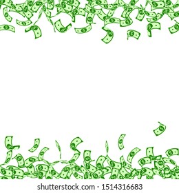 American dollar notes falling. Small USD bills on white background. USA money. Comely vector illustration. Amazing jackpot, wealth or success concept.