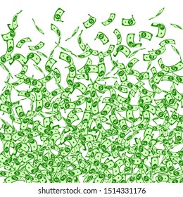 American dollar notes falling. Small USD bills on white background. USA money. Comely vector illustration. Captivating jackpot, wealth or success concept.