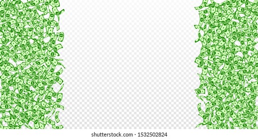 American dollar notes falling. Small USD bills on transparent background. USA money. Curious vector illustration. Mesmeric jackpot, wealth or success concept.
