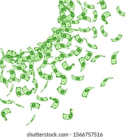 American dollar notes falling. Small USD bills on white background. USA money. Comely vector illustration. Terrific jackpot, wealth or success concept.