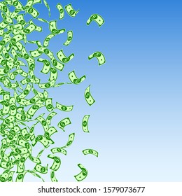 American dollar notes falling. Small USD bills on blue sky background. USA money. Cool vector illustration. Popular jackpot, wealth or success concept.