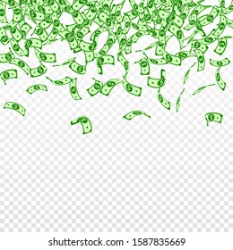 American dollar notes falling. Small USD bills on transparent background. USA money. Cool vector illustration. Wondrous jackpot, wealth or success concept.