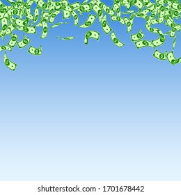 American dollar notes falling. Small USD bills on blue sky background. USA money. Classy vector illustration. Stunning jackpot, wealth or success concept.