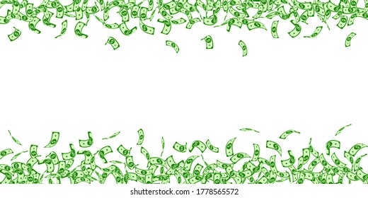 American dollar notes falling. Small USD bills on white background. USA money. Curious vector illustration. Sightly jackpot, wealth or success concept.
